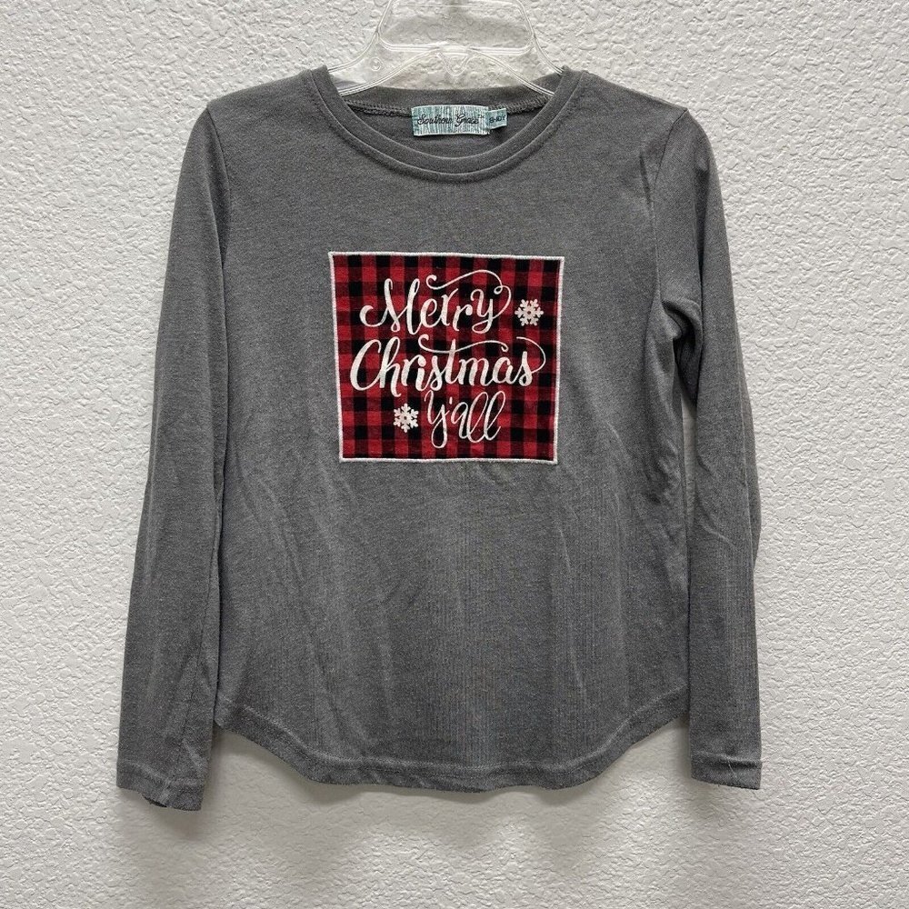 SOUTHERN GRACE T-shirt Youth 8-10 Y Merry Christmas Y’all Santa Buffalo Plaid